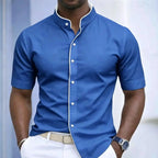 Short Sleeved Stretchy Shirt Mandarin Collar
