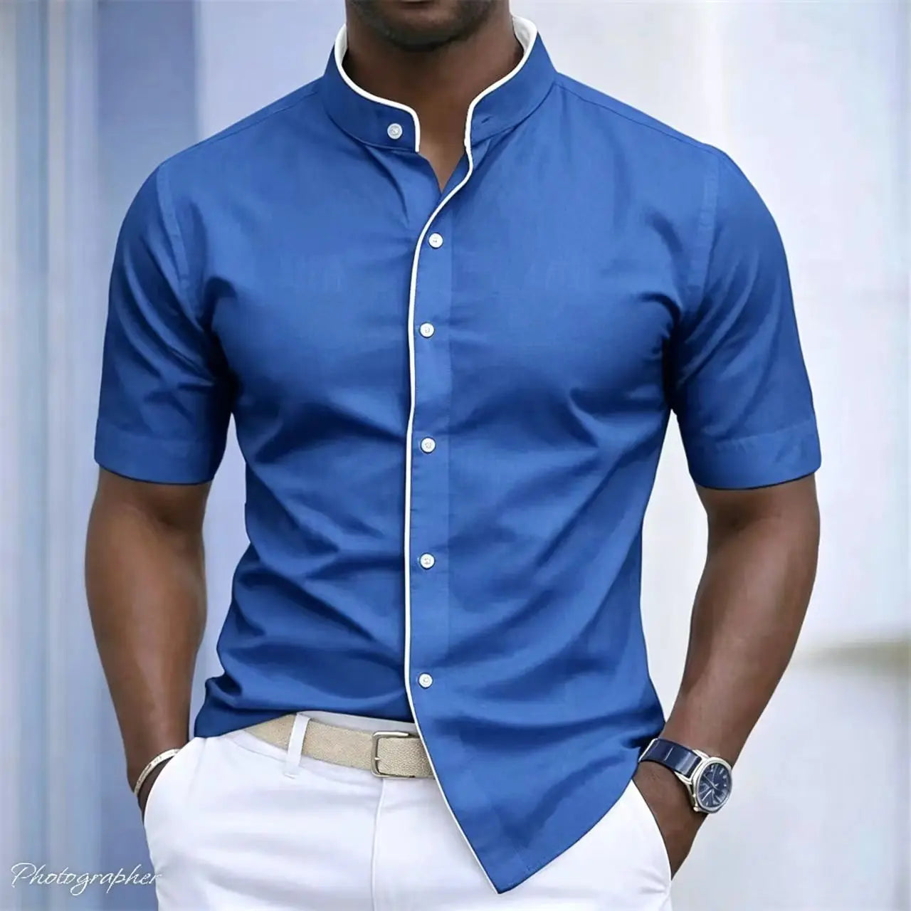 High Neck Short Sleeved Stretchy Shirt Mandarin Collar