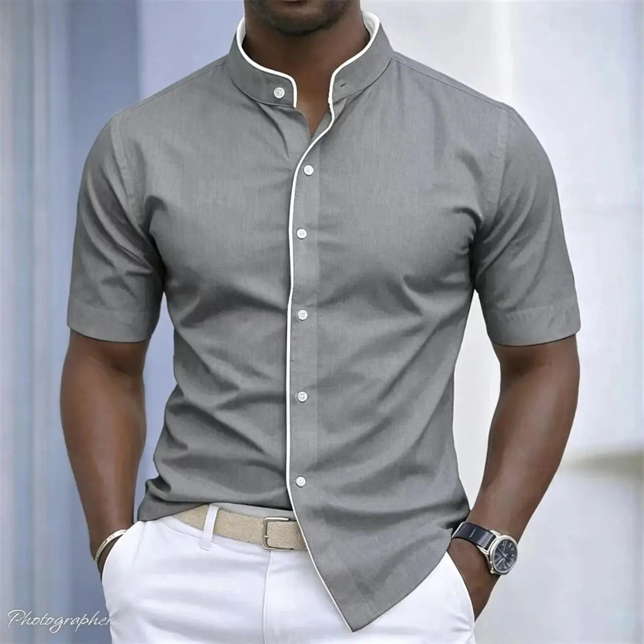 High Neck Short Sleeved Stretchy Shirt Mandarin Collar