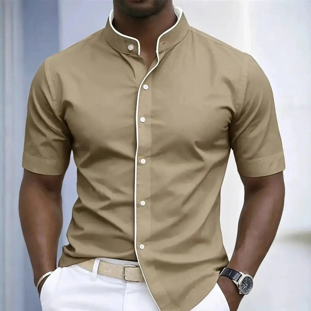 Short Sleeved Stretchy Shirt Mandarin Collar