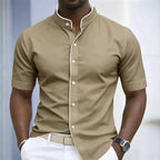 Short Sleeved Stretchy Shirt Mandarin Collar