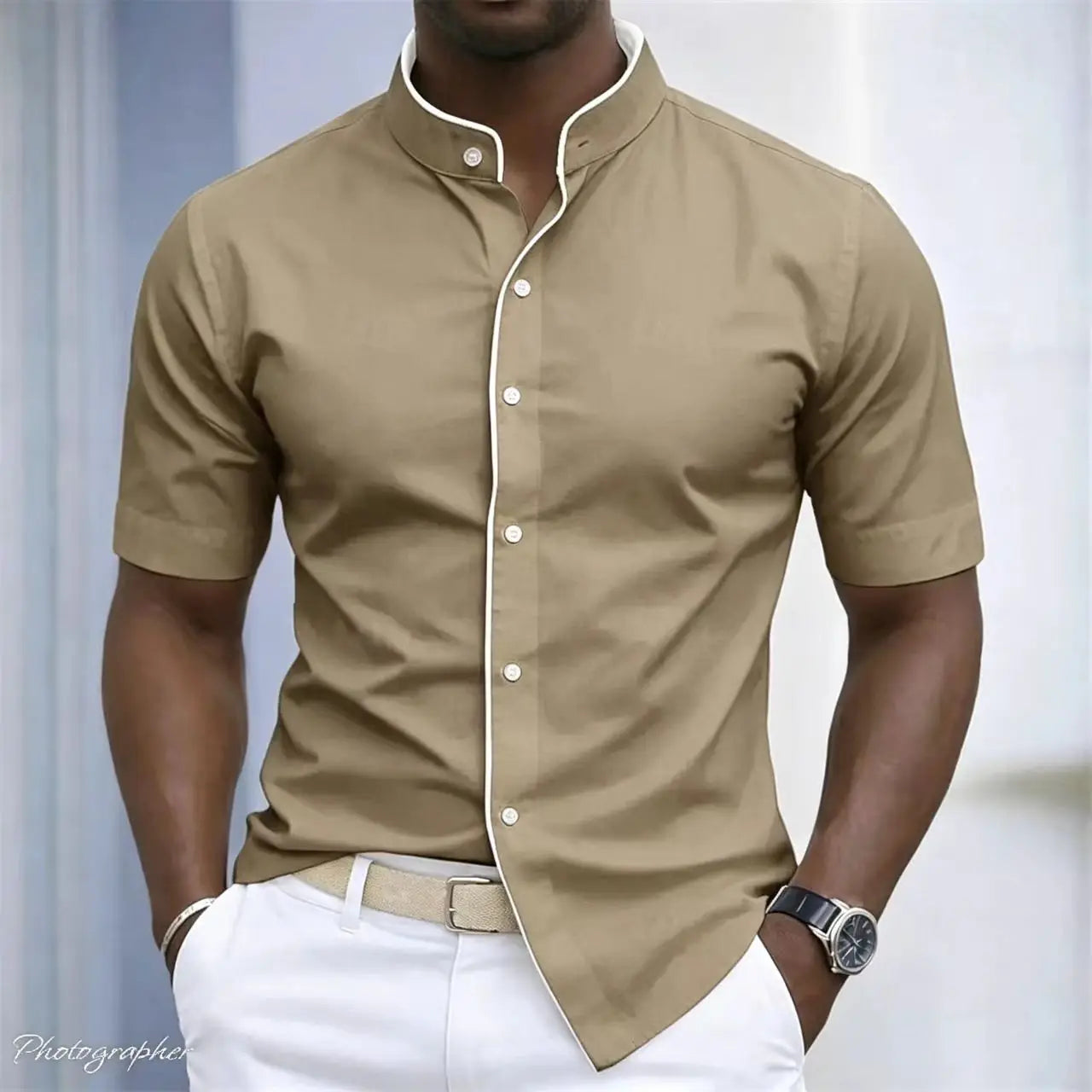 High Neck Short Sleeved Stretchy Shirt Mandarin Collar