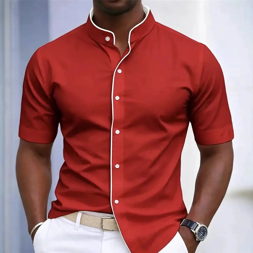 Short Sleeved Stretchy Shirt Mandarin Collar