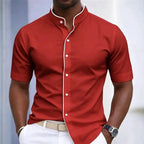 Short Sleeved Stretchy Shirt Mandarin Collar
