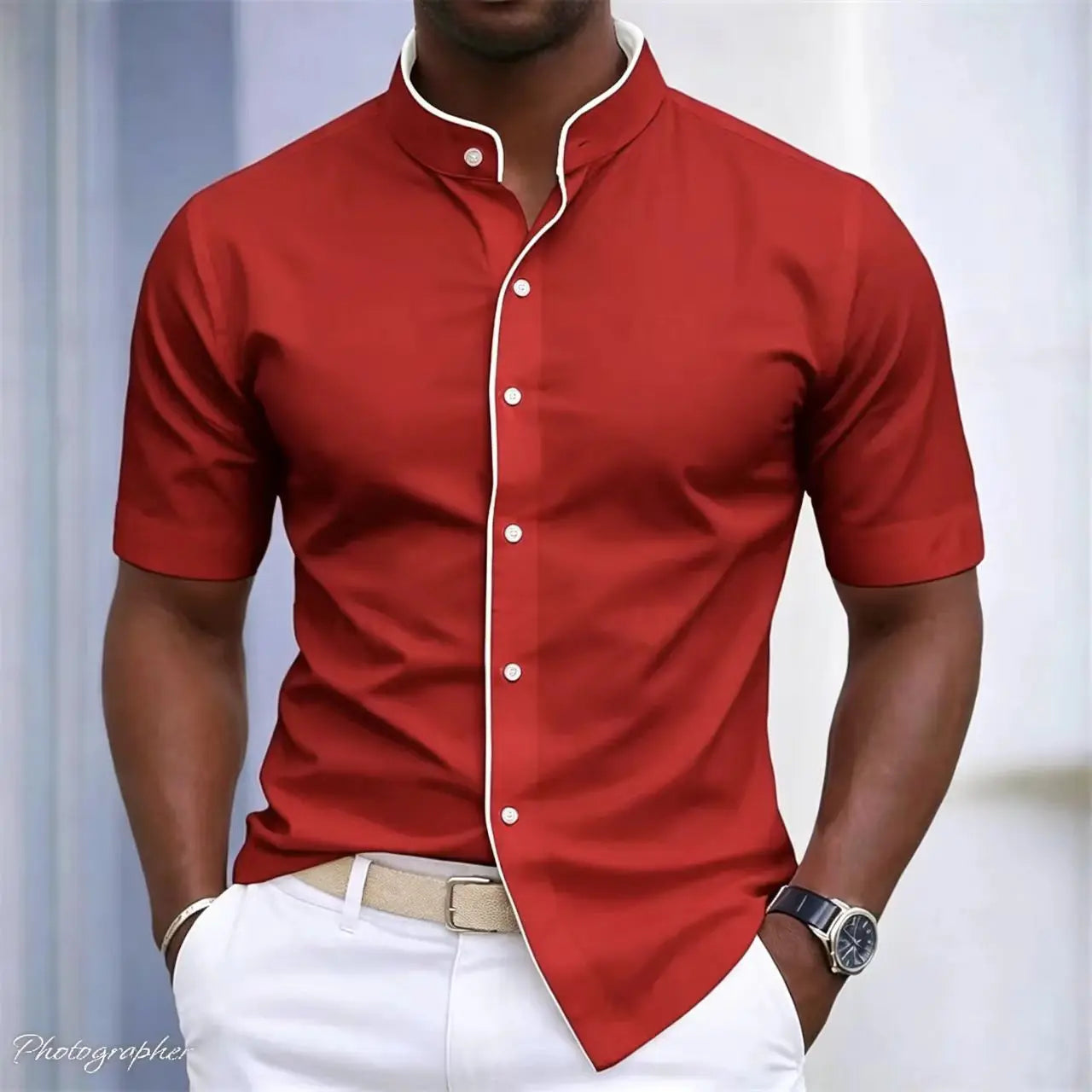 High Neck Short Sleeved Stretchy Shirt Mandarin Collar