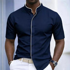 Short Sleeved Stretchy Shirt Mandarin Collar