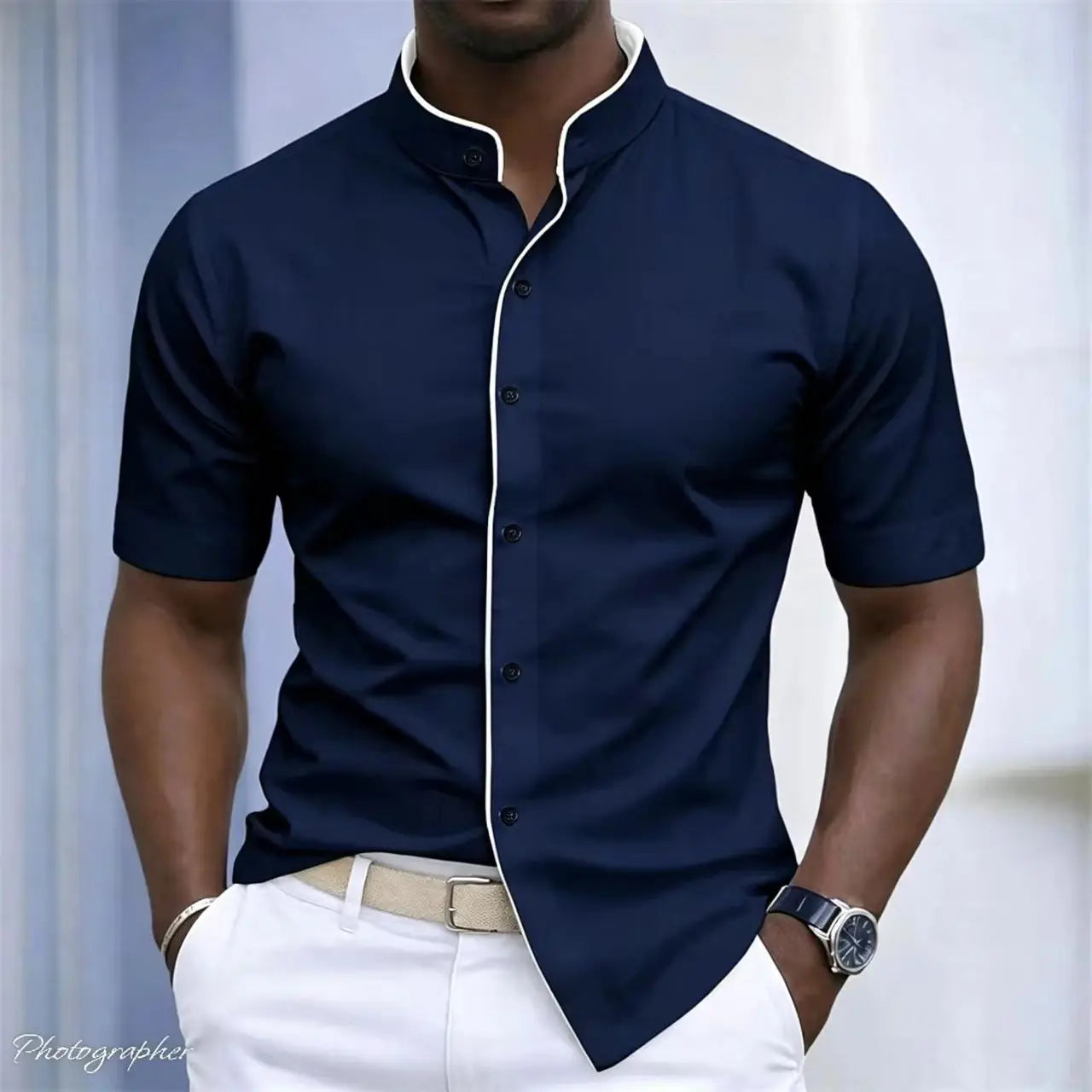 High Neck Short Sleeved Stretchy Shirt Mandarin Collar