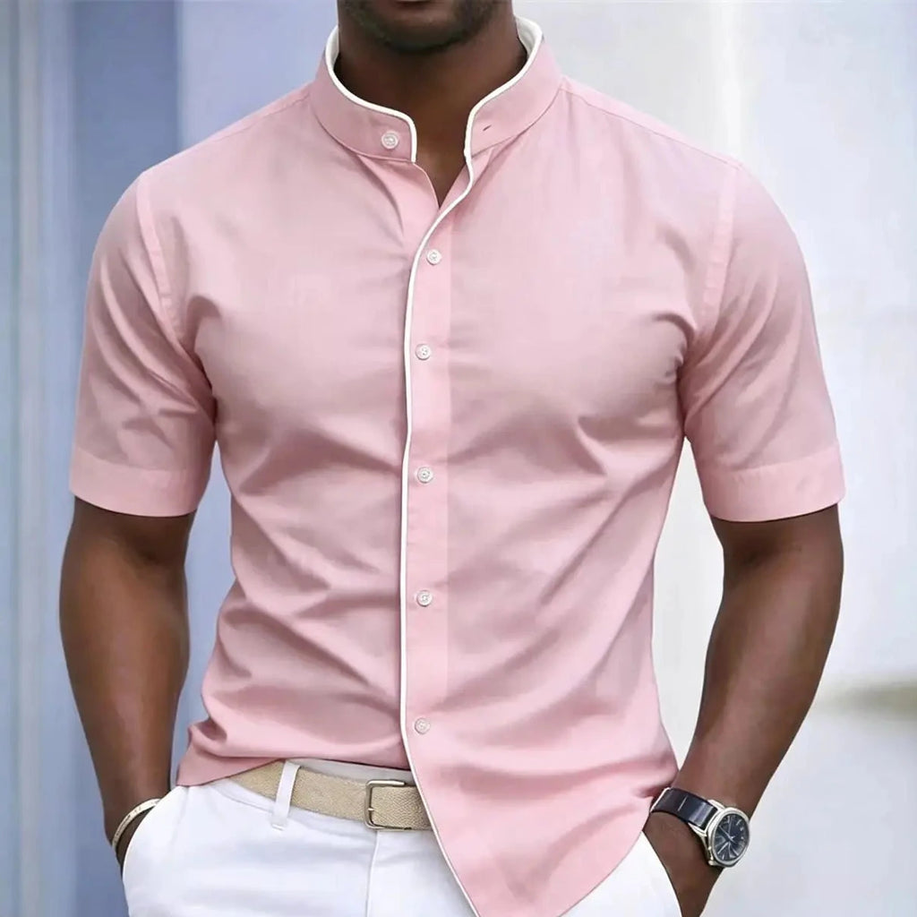 Short Sleeved Stretchy Shirt Mandarin Collar