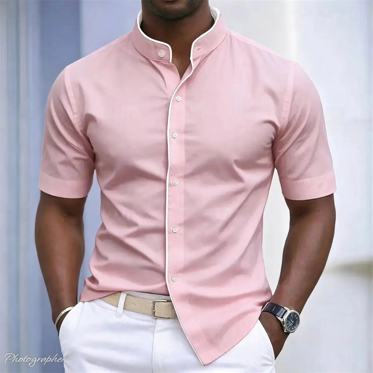 High Neck Short Sleeved Stretchy Shirt Mandarin Collar