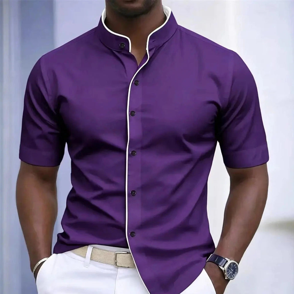 Short Sleeved Stretchy Shirt Mandarin Collar