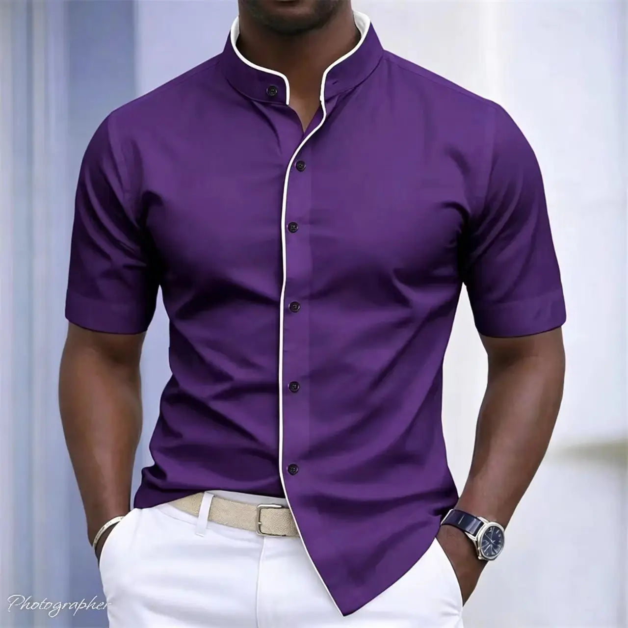 High Neck Short Sleeved Stretchy Shirt Mandarin Collar