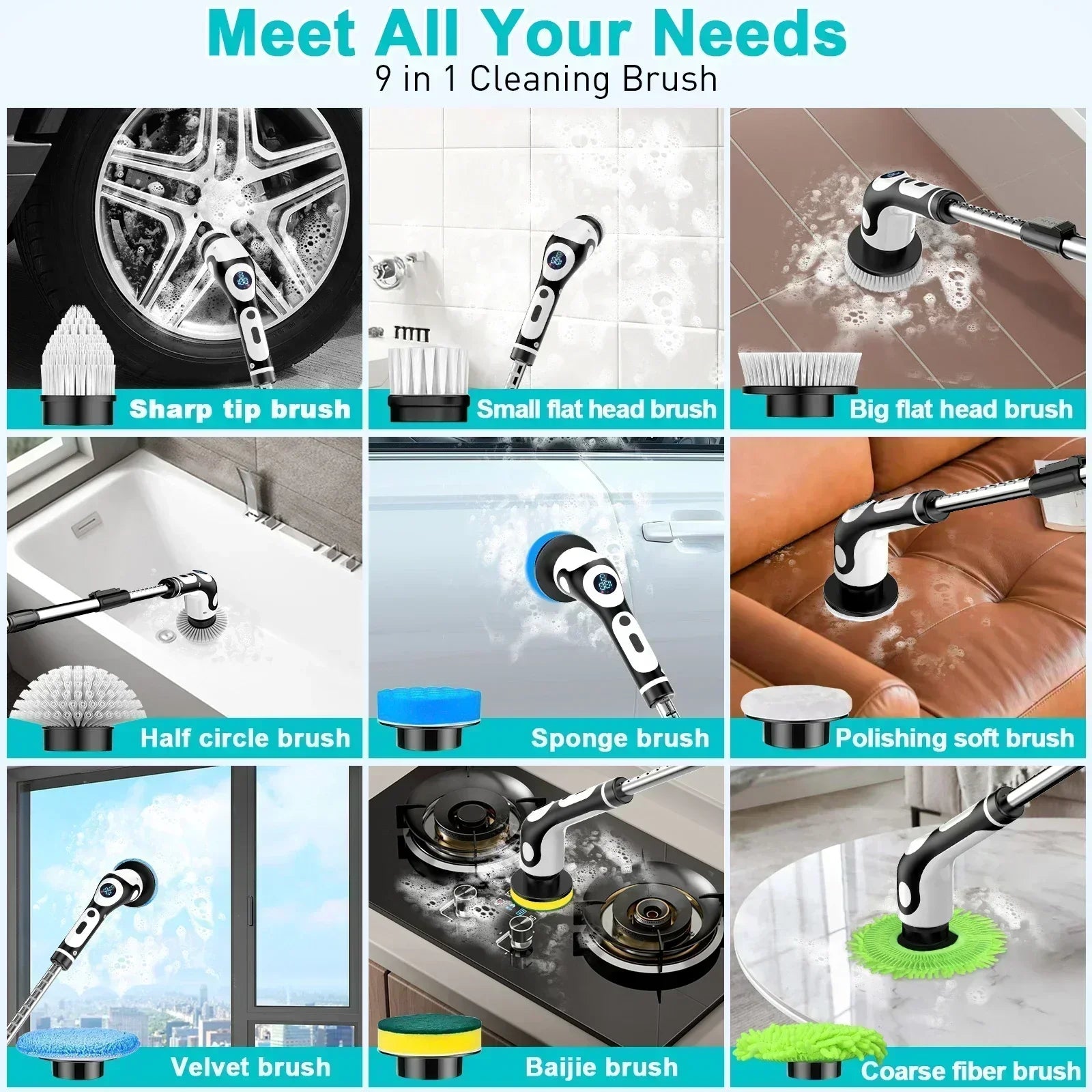Scrub Brush Electric Bathroom Wireless Spin Cleaning Rechargeable