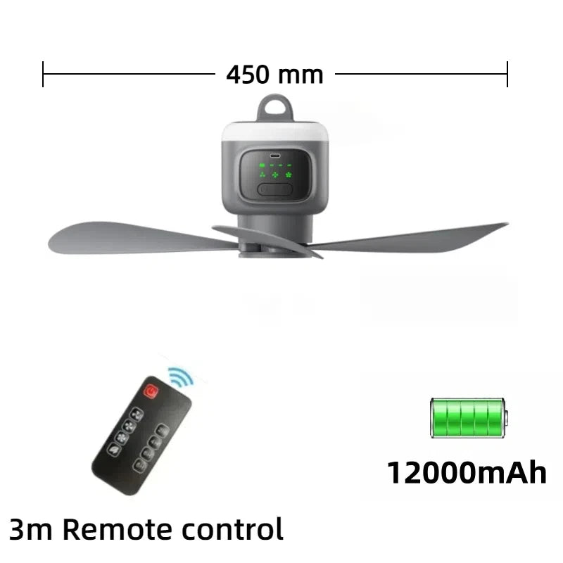 Home Portable Ceiling Fan 3 Speed With Night Light Outdoor Air Cooling Camping Tent Rechargeable 12000mAh