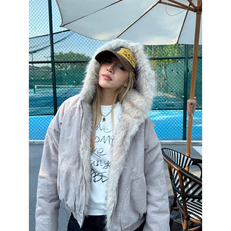Hooded Fur Jacket Punk Vintage Retro Unisex
