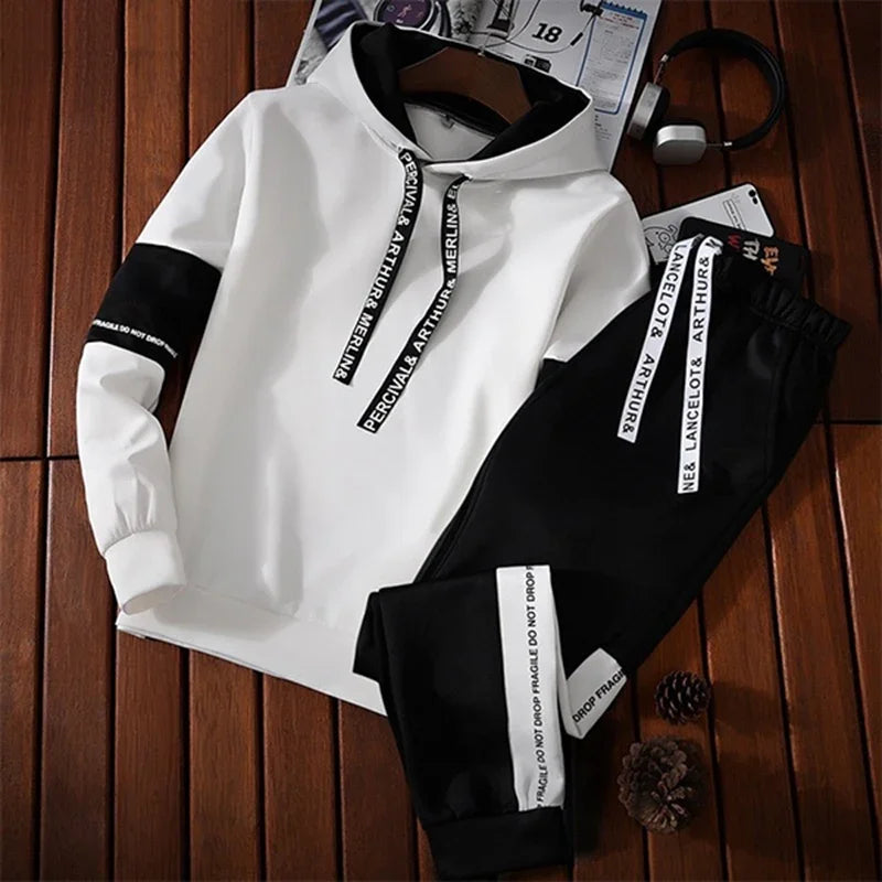 Hoodie Black-White Design Pullover and Track Sweatpants