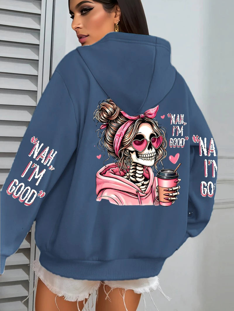 Haze Blue hoodie with skeleton design and text on the back, worn by a person.