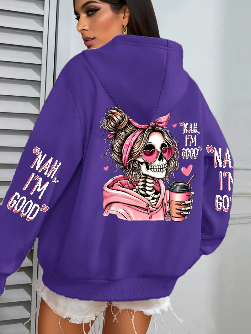 Purple hoodie with a skeleton design and text on the back, worn by a person.