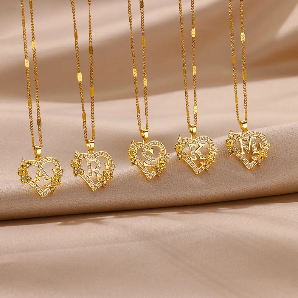 Initials Gold Necklace Zircon Flower Love Heart