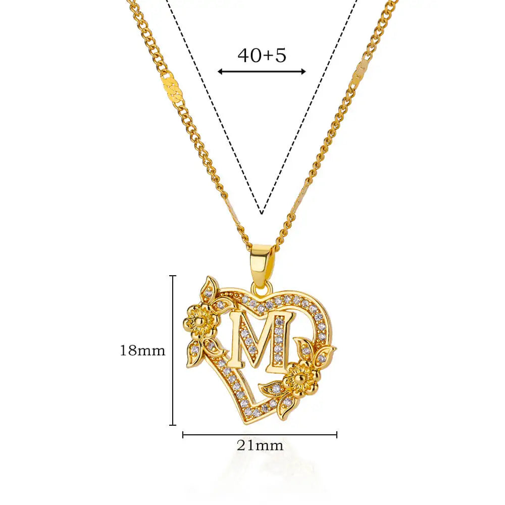 Initials Gold Necklace Zircon Flower Love Heart