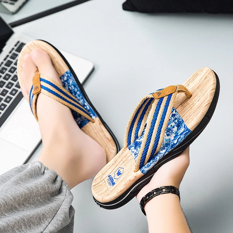 Japanese Wood Grain Flip Flops Summer Beach Thongs