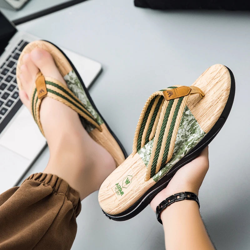 Japanese Wood Grain Flip Flops Summer Beach Thongs