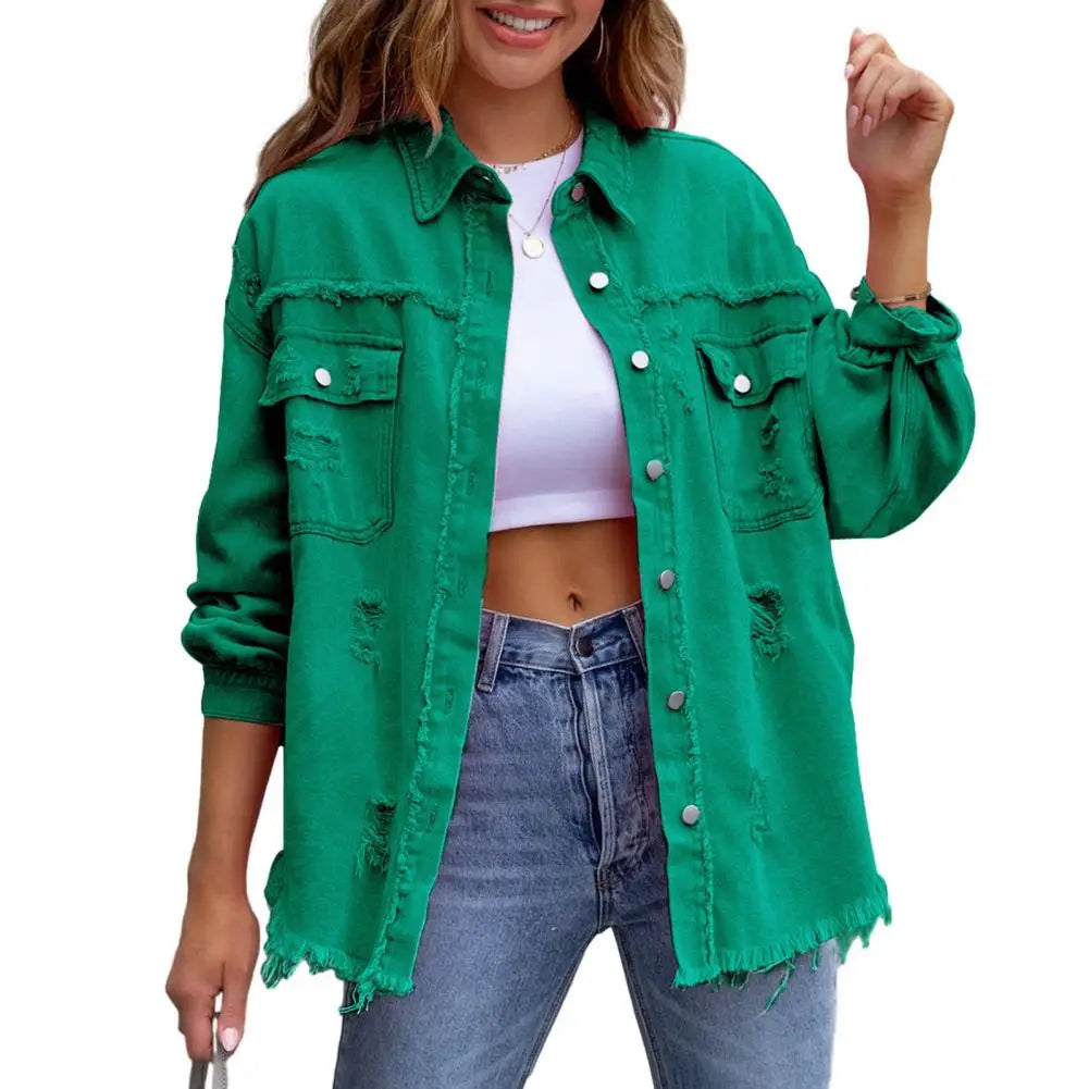 Jeans Jacket Frayed Hem Ripped Distressed Vintage Women's