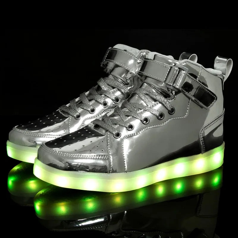 LED Glow In The Dark Silver Sneakers Shuffle Dance Shoes