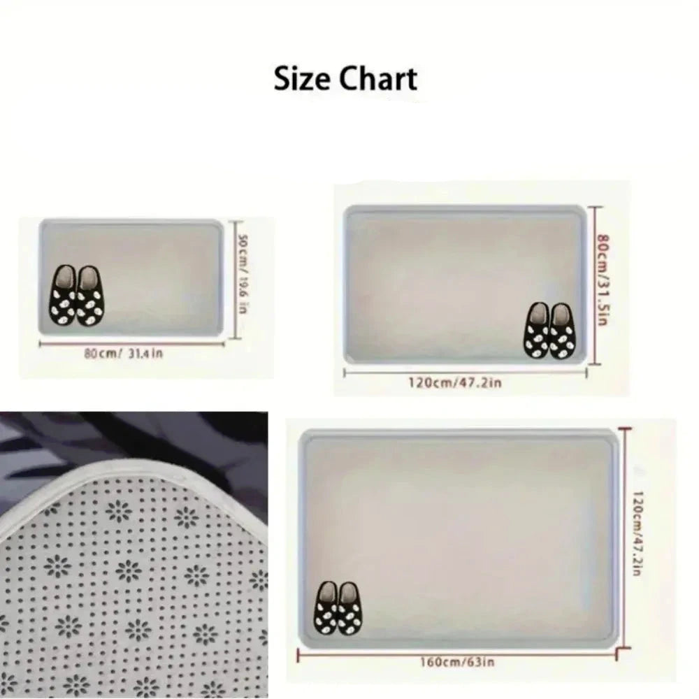 Size chart for a rectangular cushion with dimensions and shoe illustrations for scale.