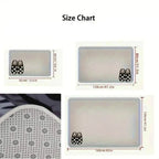Size chart for a rectangular cushion with dimensions and shoe illustrations for scale.
