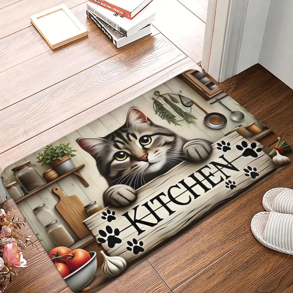 Kitchen doormat with a cat design and 'Kitchen' text on a wooden floor.