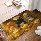 Doormat with cartoon cats cooking on a wooden floor