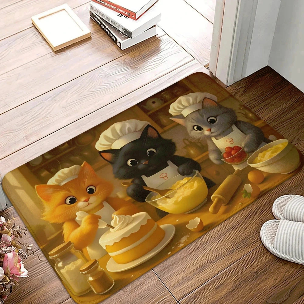 Doormat with cartoon cats cooking on a wooden floor