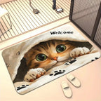 Doormat with a cat design and 'Welcome' text, placed on a floor.