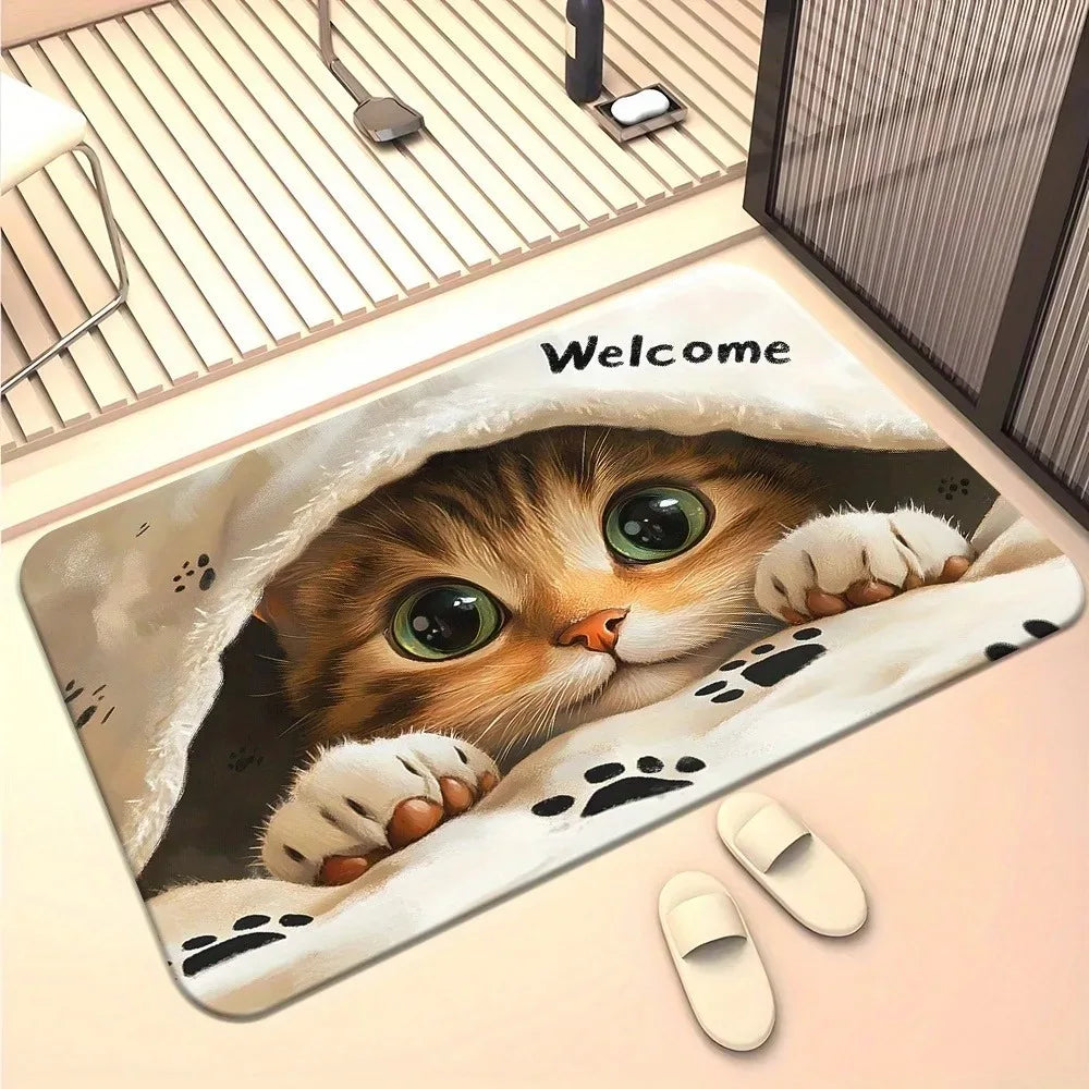 Doormat with a cat design and 'Welcome' text, placed on a floor.