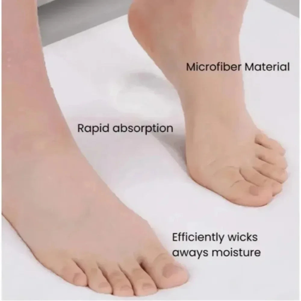 Feet on a white surface with text highlighting microfiber material, rapid absorption, and moisture wicking.