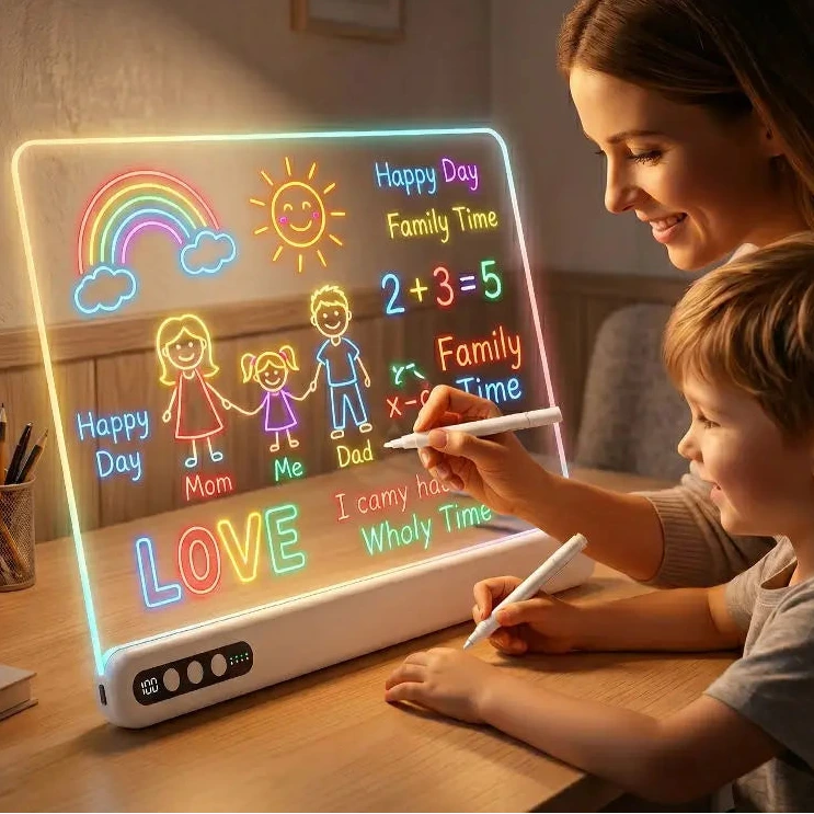A woman and child sit at a wooden table using a LED glowing white electronic drawing note taking board with colorful LED-style text and drawings, including a rainbow, sun, family illustrations, and the word LOVE.