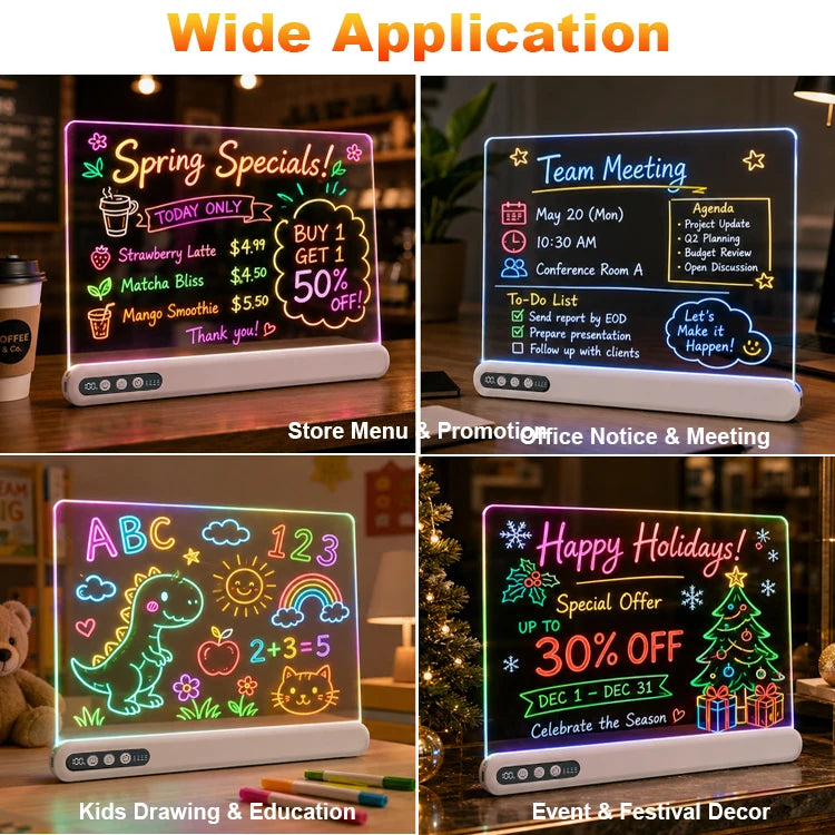 A 2x2 collage showing a small illuminated chalkboard display in four different use cases: store menu, office notice & meeting, kids drawing & education, and event & festival decor. The product is a rectangular white electronic chalkboard with glowing multicolor text and drawings on a dark background.