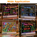 A 2x2 collage showing a small illuminated chalkboard display in four different use cases: store menu, office notice & meeting, kids drawing & education, and event & festival decor. The product is a rectangular white electronic chalkboard with glowing multicolor text and drawings on a dark background.
