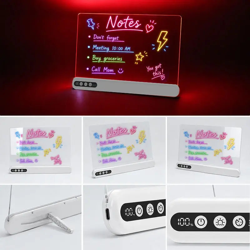 An LED acrylic magnetic whiteboard night light shown in a collage of views. The main top image shows the glowing board with colorful neon-style writing and decorative symbols, set against a dark red-lit background.