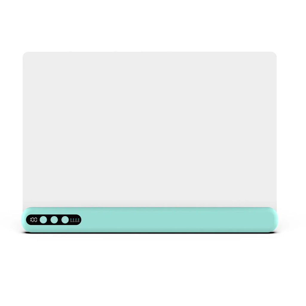 A rectangular white electronic device with a mint green base and a small black control panel showing four indicator lights, isolated on a white background.