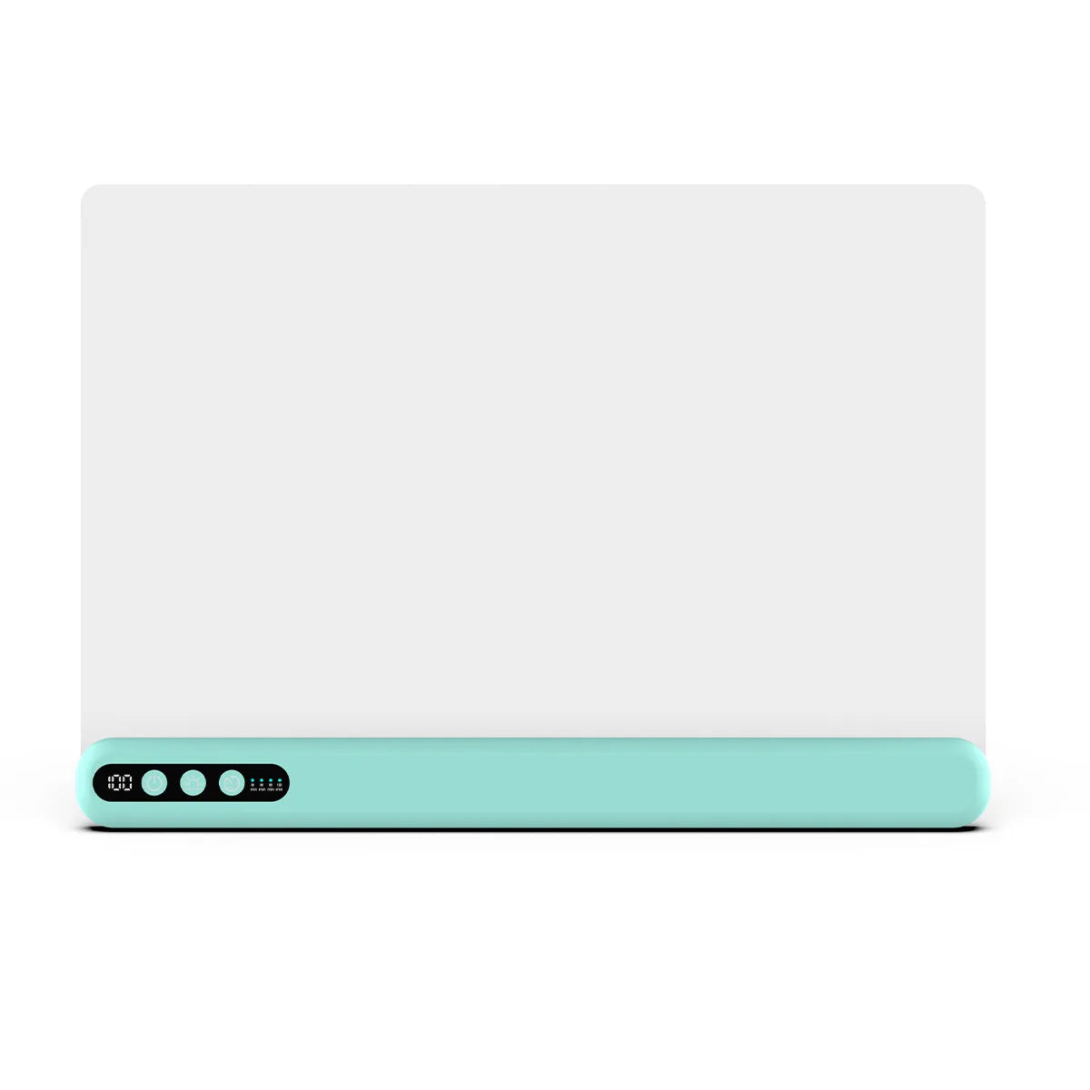 A rectangular white electronic device with a mint green base and a small black control panel showing four indicator lights, isolated on a white background.