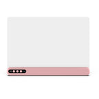 A portable power bank with a light pink base and a white upper section, featuring a black control panel with four indicator lights on the front.
