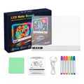 LED light-up drawing board set with a white rectangular board, colorful neon-style markers, a green cleaning cloth, a USB charging cable, an instruction booklet, and the retail box on a white background.