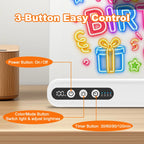 A white smart light bar with a black control panel showing three buttons, labeled with callouts for Power Button, Color/Mode Button, and Timer Button. The image includes text reading '3-Button Easy Control' and shows the light bar on a wooden surface next to a wooden diffuser, with colorful neon-style birthday decorations in the background.