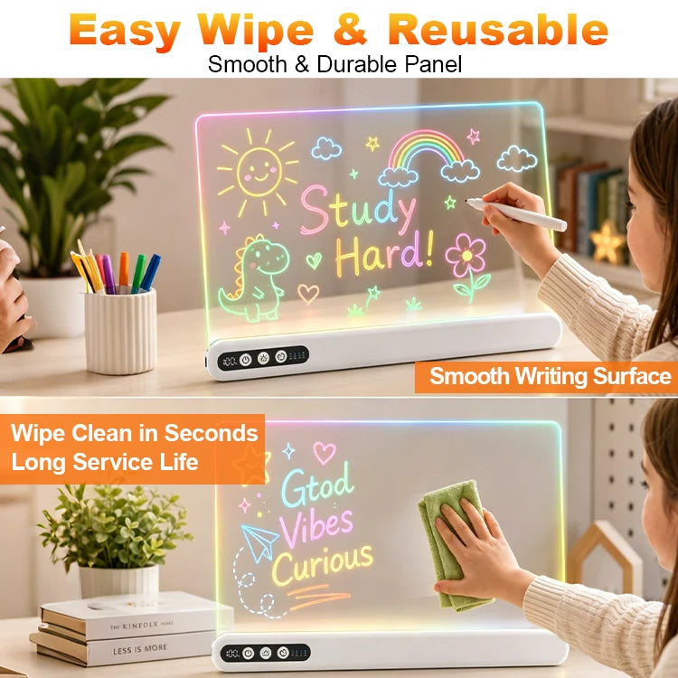 An LED light-up drawing tablet shown in a home setting with two children interacting with it, one writing on the glowing surface and the other wiping it with a cloth. The image includes promotional text highlighting its easy wipe and reusable features.