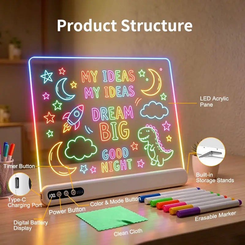 An LED acrylic light box with colorful neon-style lettering and space-themed graphics, shown on a desk with labeled callouts for product features and included accessories such as markers, a cloth, and charging port details.
