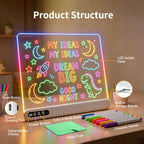 An LED acrylic light box with colorful neon-style lettering and space-themed graphics, shown on a desk with labeled callouts for product features and included accessories such as markers, a cloth, and charging port details.