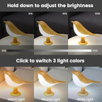 Bird-shaped lamp with brightness and light color options displayed.