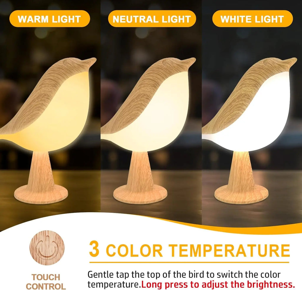 Bird-shaped lamp displaying warm, neutral, and white light options with color temperature control.
