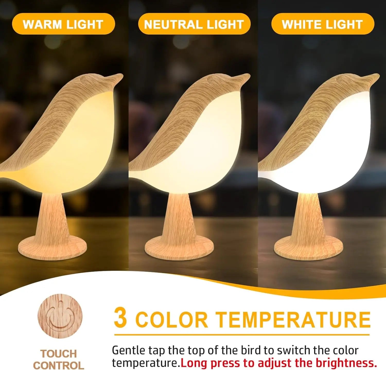 Bird-shaped lamp displaying warm, neutral, and white light options with color temperature control.